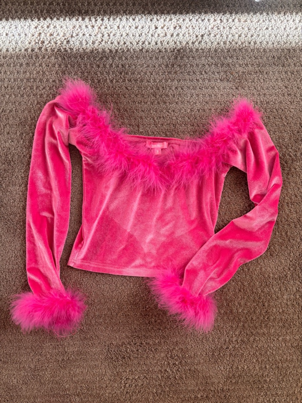 Sugar Thrillz Neon Pink Feather Trim Velvet Long Sleeve